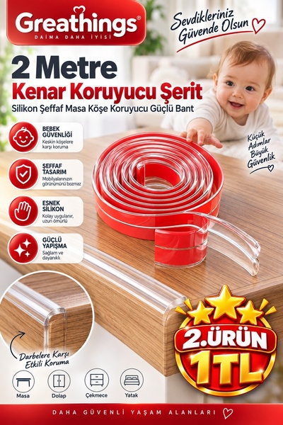 Greathings 2 Metre Şeffaf Silikon Masa Kenar Koruyucu Şerit, Yapışkanlı Bebek...