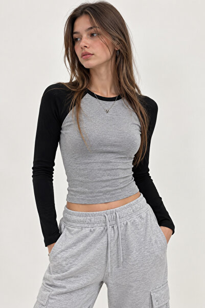 None Wear Siyah Raglan Kollu Gri Melanj Basic Uzun Kollu Crop