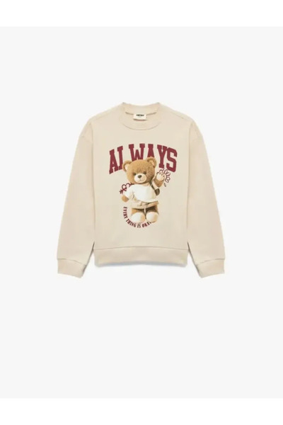 Koton Teddy Bear Printed Cotton Long Sleeve Crew Neck Sweatshirt