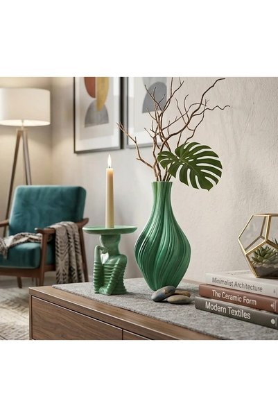 atölye çalıkuşu 2'li Dekoratif Set - 23 cm Kıvrımlı Yeşil Vazo ve 16 cm Düşün...