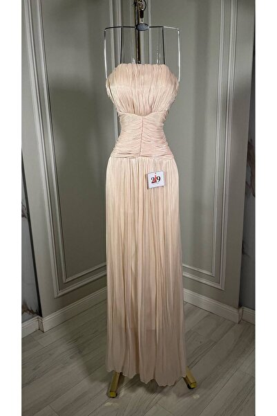 Boutique 219 فستان سهرة، بيج، بليسيه، درابيه، بدون حمالات، شيفون لمعه, أنيق