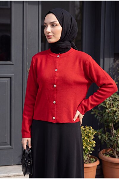 Modamorfo Buttoned Round Neck Knitwear Cardigan -Red
