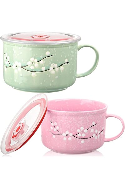 EXCEFORE Floral Ceramic Bowl with Lid and Handle, 2 PCS Soup Bowls Heat Prese...