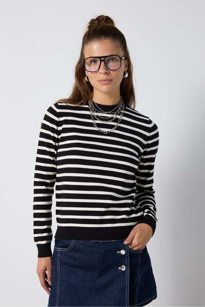 mina aise Women's Black - Ecru Striped Stretchy Premium Knitwear Sweater 7050