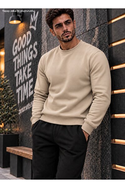 caddekombin Men's Sweatshirt Plain Patternless Crew Neck Cotton Basic Knitted...