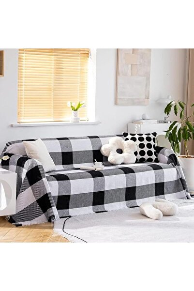 Home Dwell بطانية أريكة - 180x260 سم - غطاء أريكة قطني بنقشة مربعات باللونين ...