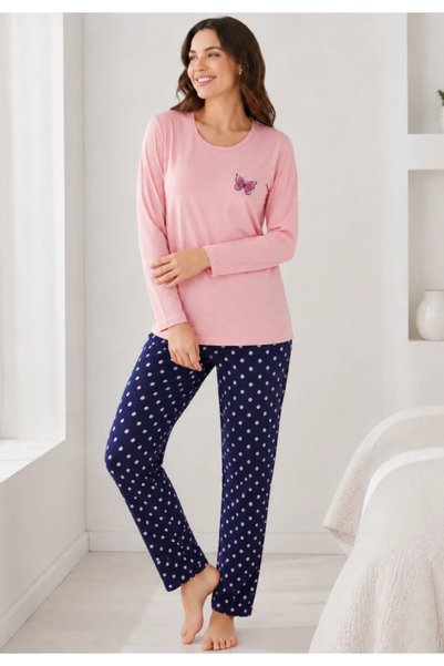 TOSKI Pijama dama roz cu fluture si pantaloni bleumarin cu buline, bluză bumbac