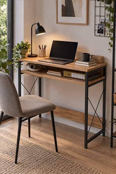 SuloraHome Çam Desenli Kahverengi Çalışma Masası ve Raflı Bilgisayar Masası