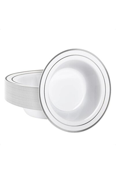 goodluck 25 Pack Plastic Bowls with Silver Rim, 12oz Disposable Soup Bowls fo...