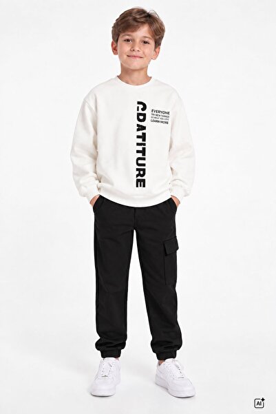 CansınMini Black Boy's Text Printed Cargo Pocket Tracksuit Set 24847