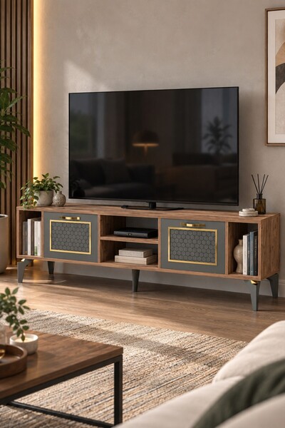 SuloraHome Kahverengi ve Antrasit Kapaklı TV Sehpası