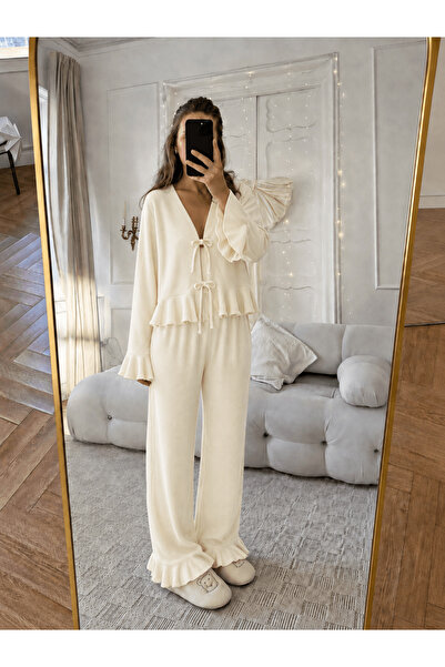Hepsi Moda Fitilli Bağlamalı Pijama Takımı - Ekru