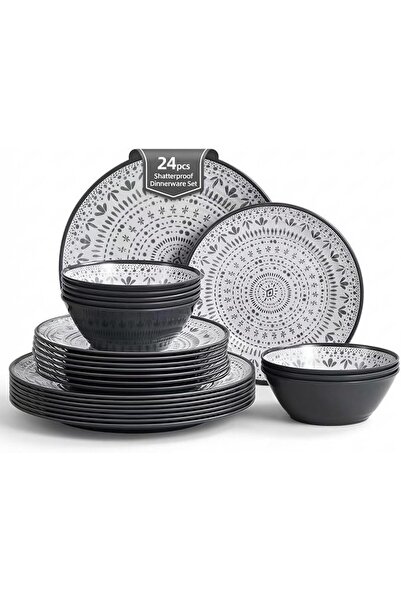 GENERAL 24PCS Bohemia Gray Melamine Plastic Dinnerware Sets for 8