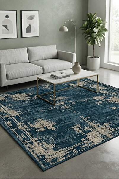 Has 1950 Soft Mavi Eskitme Desenli Dijital Baskı Halı, Modern Vintage Salon v...