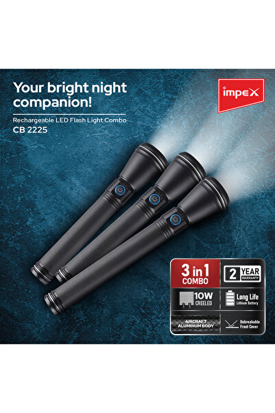 IMPEX Rechargeable LED Flashlight 3 Pcs Combo, 1000 Lumens, 10W Laser LED, Zo...