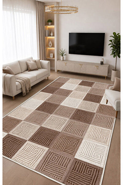 STY Home Kahverengi Dijital Baskı Halı Kaymaz Tabanlı Yıkanabilir Halı Yolluk...