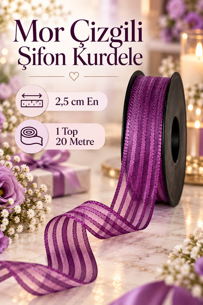 kubbe tekstil aksesuar Purple Striped Chiffon Ribbon 2.5 cm – 1 Roll 20 Meter...