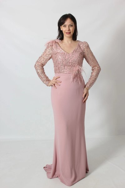 Moda Berray 2415 Otriş Broşlu Gliter Krep Kombin Abiye Pudra