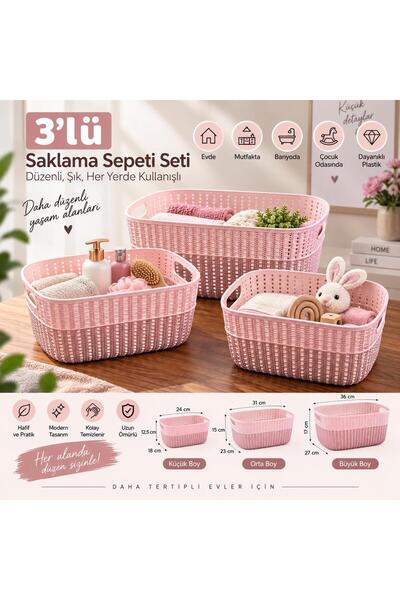 SELKA HOME 3’lü Örgü Desenli Saklama Sepeti – Küçük Orta Büyük Boy Set