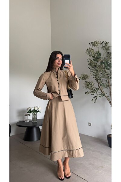 Bade Butik Camel Black Striped Skirt Set