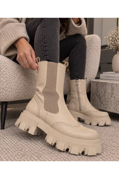 Moldo Shoes Kira Beige Leather Combat Boots , Natural Leather