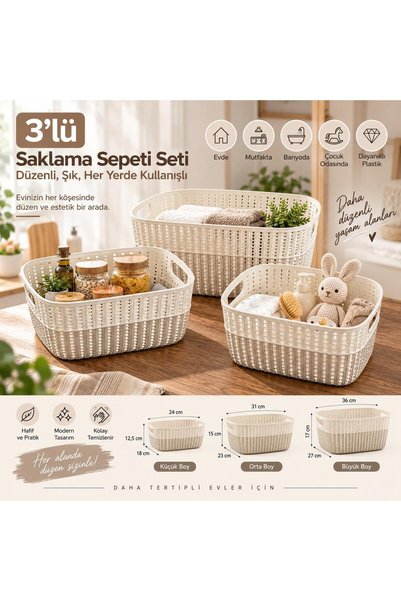 SELKA HOME 3’lü Örgü Desenli Saklama Sepeti – Küçük Orta Büyük Boy Set