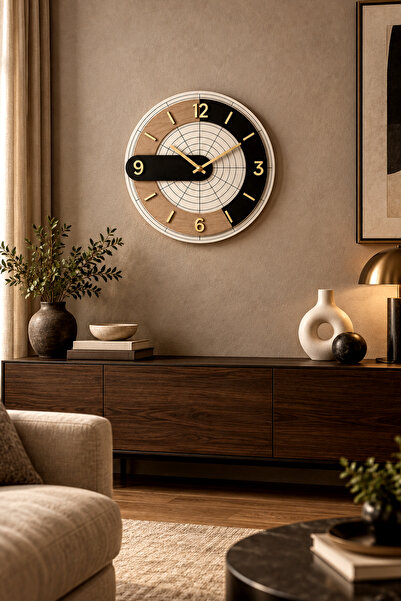 Aldebaran Reklam Modern Dekoratif Duvar Saati 40 cm Siyah Ahşap Gold Detaylı ...