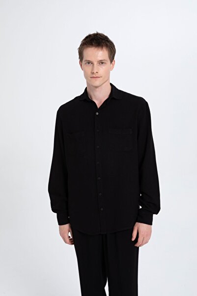 İpekçi Otantik Linen Blend Classic Men's Shirt with Pocket Detail, Black