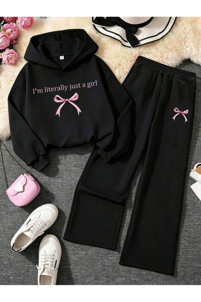 MITHRAS OUTDOORS Unisex Black Just a Girl Printed Hooded Sweatpants Set Print...