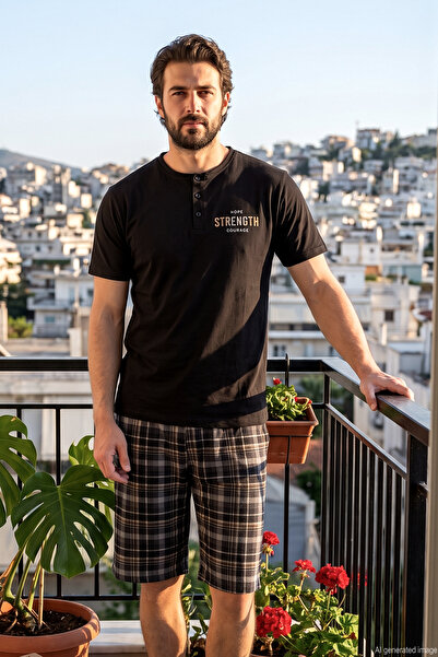 Aydoğan Men's Short-Sleeved Shorts Cotton Single Jersey Pajama Set 240358 Black