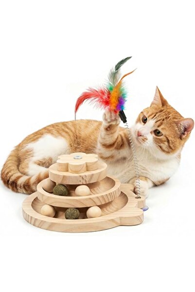 XICEN Wooden Interactive Cat Toy,with Track Balls & Feather Wand, Pine Wood C...