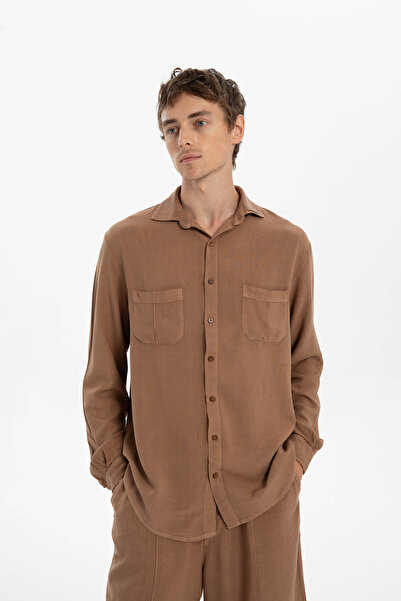 İpekçi Otantik Linen Blend Classic Men's Shirt with Pocket Detail, Brown
