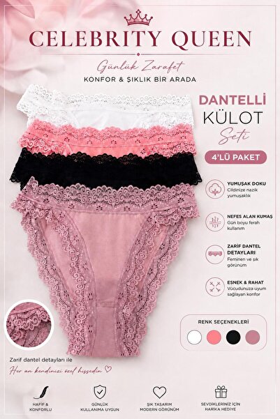 Dantel Detaylı 4'lü Külot Takımı Günlük Rahat Kullanım