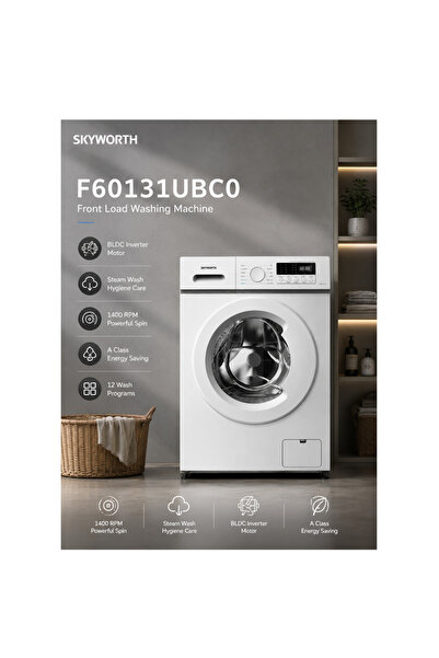 Skyworth F60131UBC0 - غسالة ملابس أوتوماتيكية بالكامل ذات تحميل أمامي، محرك BLDC إنفرتر، 12 برنامج غسيل، شاشة LED، قفل أمان للأطفال، سعة 6 كجم - لون أبيض