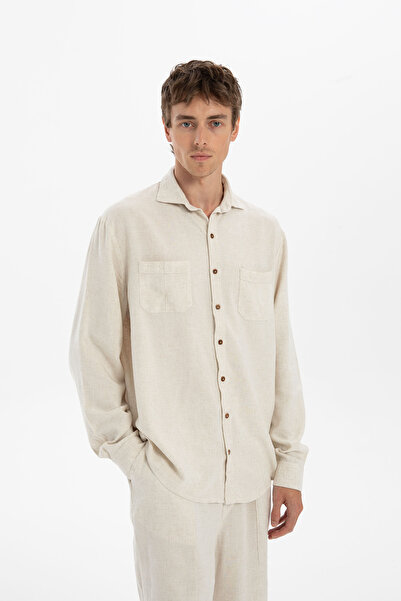 İpekçi Otantik Linen Blend Classic Men's Shirt with Pocket Detail Natural