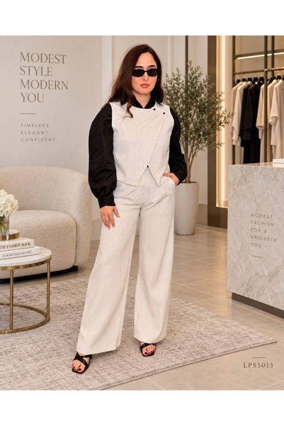 LINELLE White Striped Vest, Black Shirt & Wide-Leg Pants Blazer Co-Ord Set
