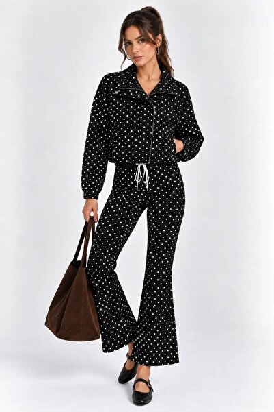 Cool & Sexy Women's Black and White Polka Dot Jacket and Trousers Set, 2-Piec...