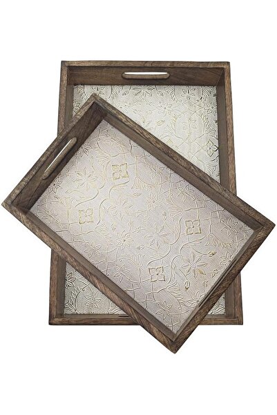 modish collection Wooden Serving Tray Set with Floral Inlay Design- Large and...