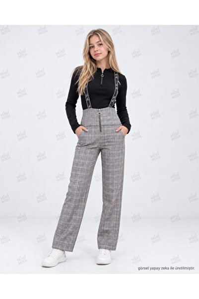 Minimoda Kids Kız Çocuk Ekose Askılı Fermuar Detaylı Pantolon