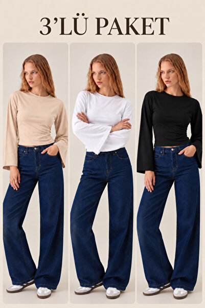 COMBİNE MİCHAİL Women's Long Bat Sleeve 3-Piece Crop Blouse