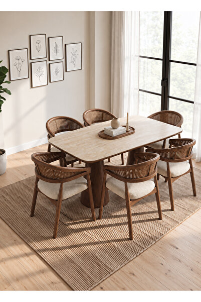 Fagus Wood PETRA Traverten Desenli Porselen Masa Takımı Masif Ahşap Hazeran S...