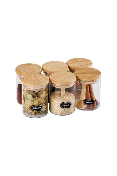 Karçiçeği Home 6'lı 200 Ml Bambu Kapaklı Kaşıklı Borosilikat Baharatlık