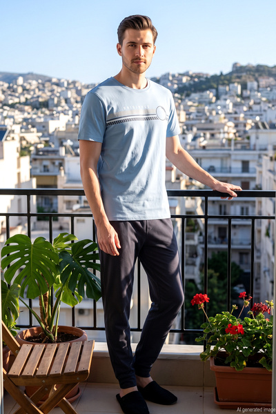 REMSA Men's Short Sleeve Combed Cotton Pajama Set with Writing on the Front 2...