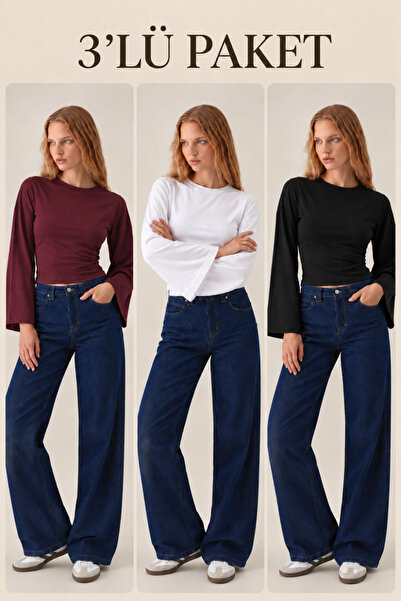 COMBİNE MİCHAİL Women's Long Bat Sleeve 3-Piece Crop Blouse