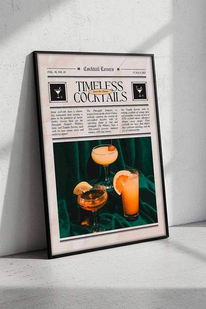 Modern Retro Timeless Cocktails Magazin Temalı Çerçeveli Tablo Salon Bar Duvar Dekoru