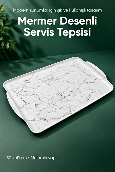 Vienev Marble Patterned Rectangular Melamine Serving Tray 30X41X1.5 cm Stylis...