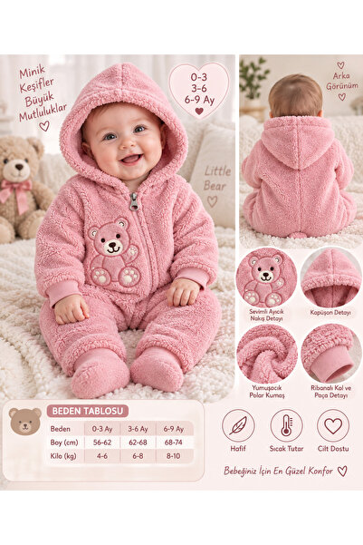 Genel Markalar Kız Bebek Kapüşonlu Ayıcık Nakışlı Peluş Polar Tulum