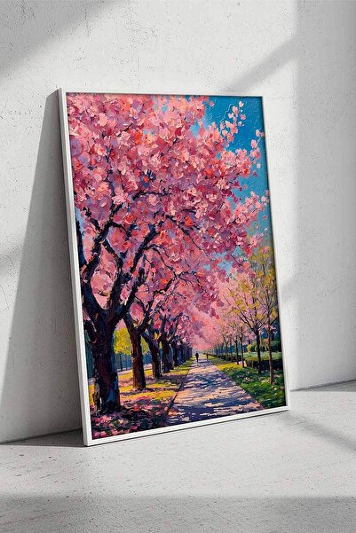 Sakura Ağacı Pembe Çiçekli Yol Çerçeveli Tablo Salon Ofis Dekorasyonu