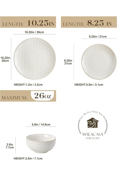 Malacasa LYDIA Beige Crockery Set for 4 People, 12-Piece Stoneware Plate Set, Modern Dinner Service