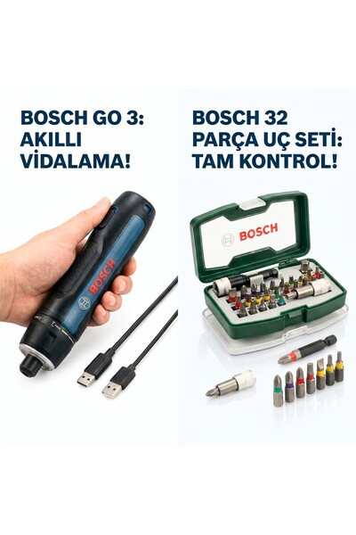 Bosch GO 3 Akülü Vidalama Makinesi ve 32 Parça Vidalama ve Uç Seti